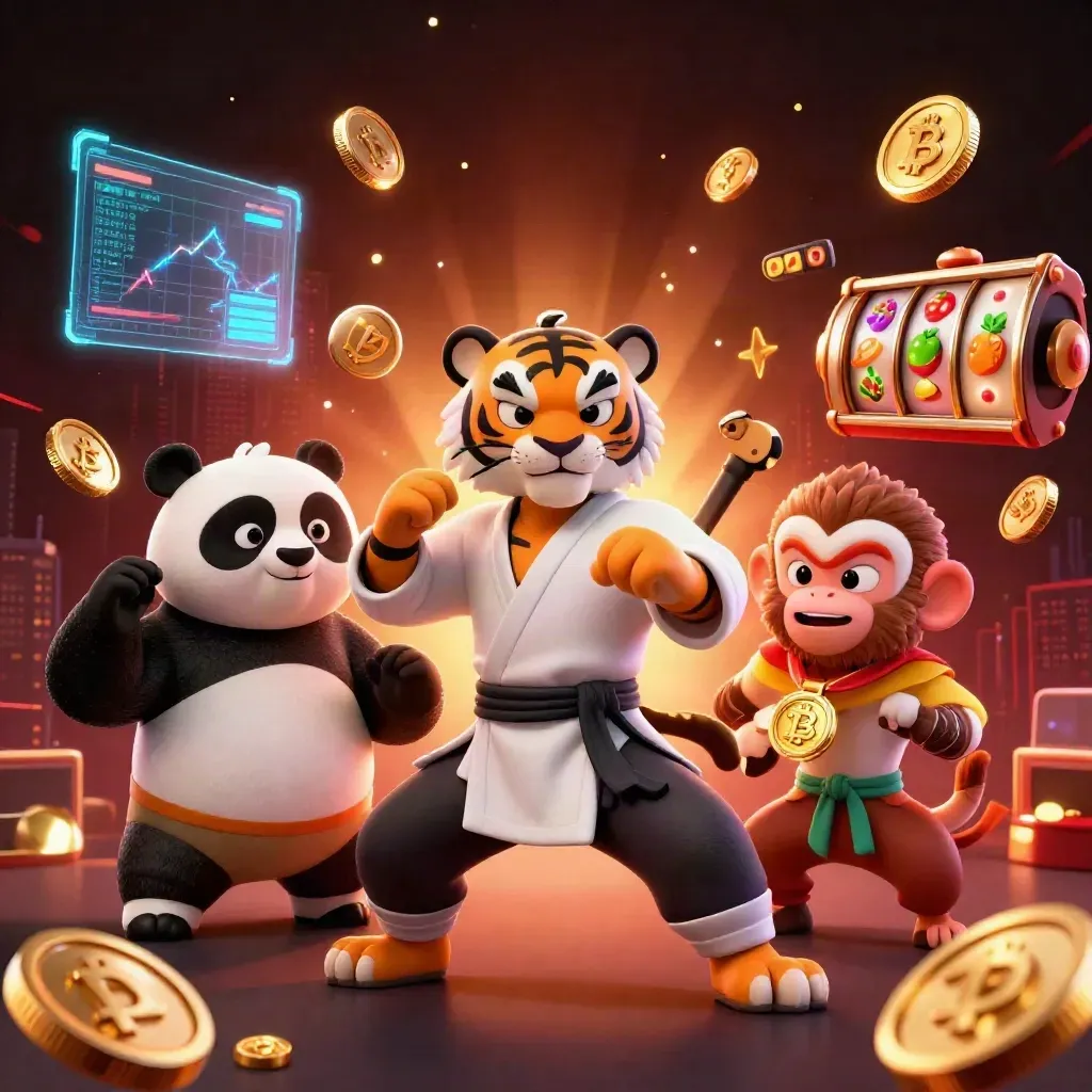 Kung-fu tiger, panda, and monkey amid casino coins, reels, and neon lightning on dark red black.