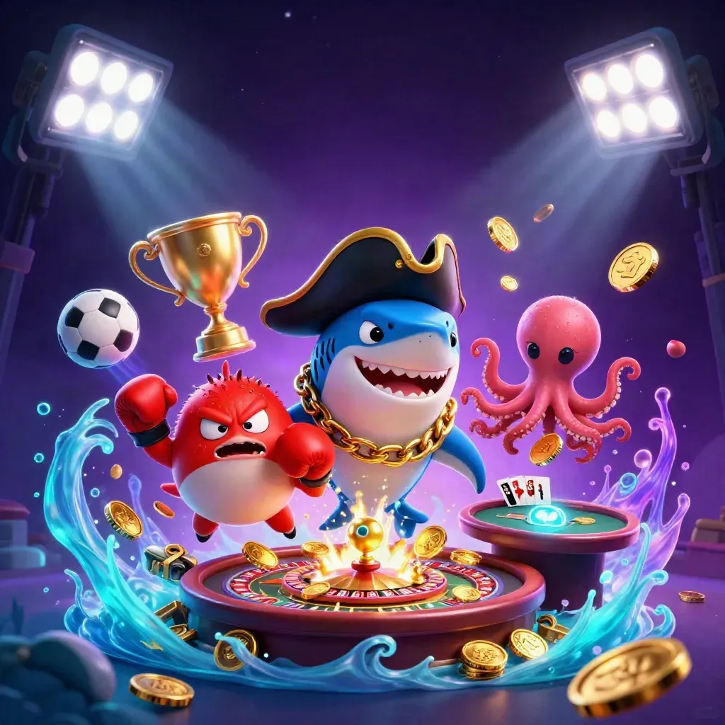 Pirate shark, boxing pufferfish, and coin-juggling octopus amid casino treasure and neon light.