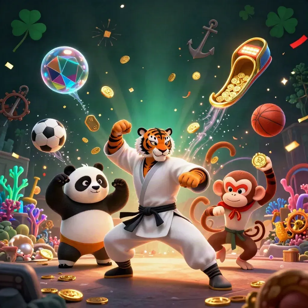 Tiger, panda, and monkey amid coins, coral, balls, and casino lights in a neon treasure cove