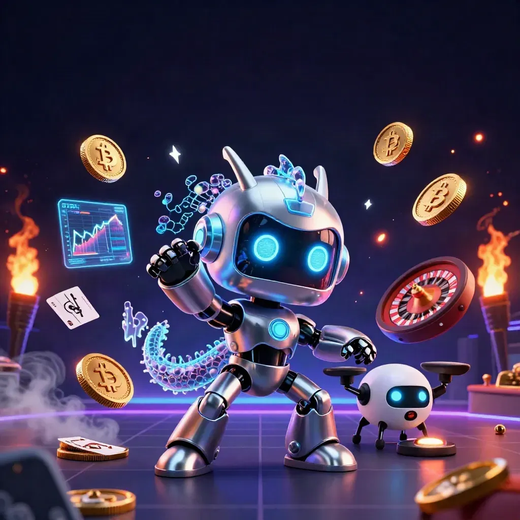 Cyberpunk robot, AI dragon, and coin drone amid casino crypto energy, roulette, cards, lightning