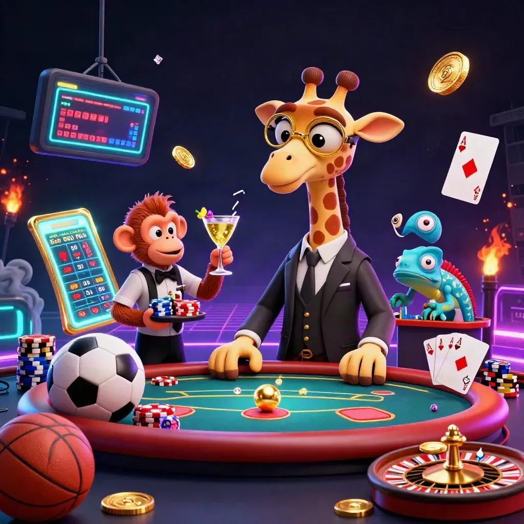 Giraffe, monkey and chameleon in a luxe casino burst with coins, cards, balls and neon lights.