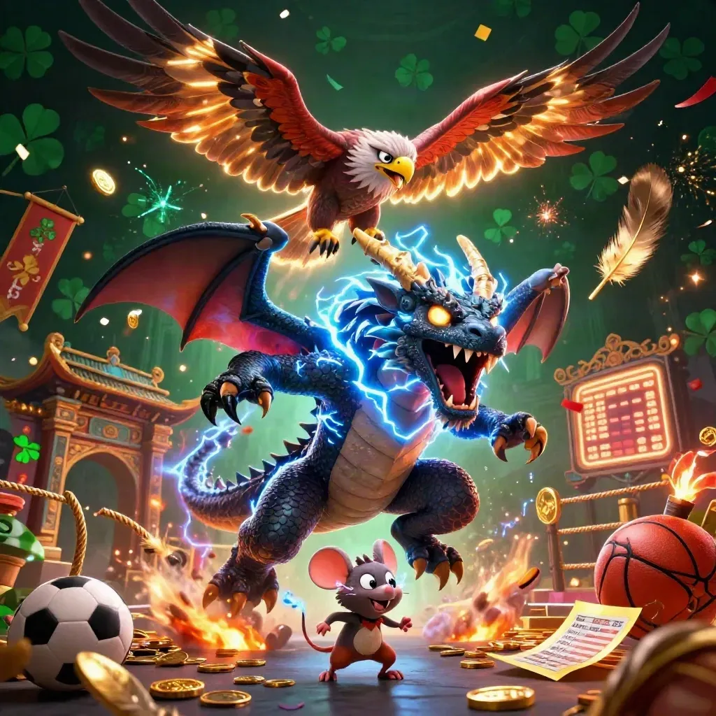 Electric dragon, hawk, and mouse amid sports gear, coins, temple gate, and neon casino light.