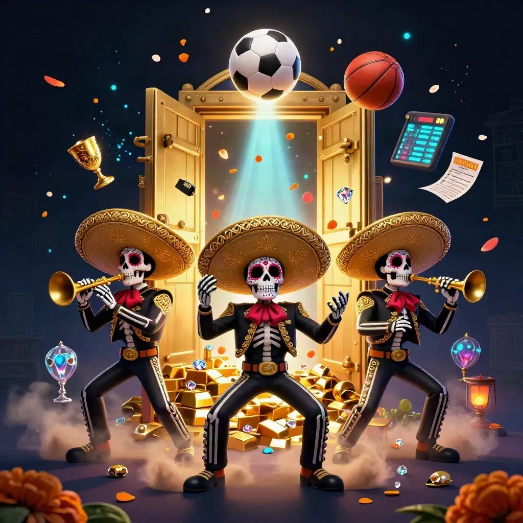 Skeleton mariachi trio by a bursting golden vault with flying balls and casino loot