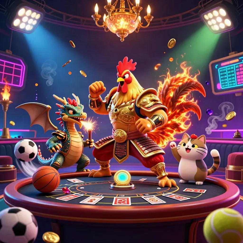 Rooster warrior, dragon hatchling, and fortune-cat in a luxe neon casino with flying sports balls
