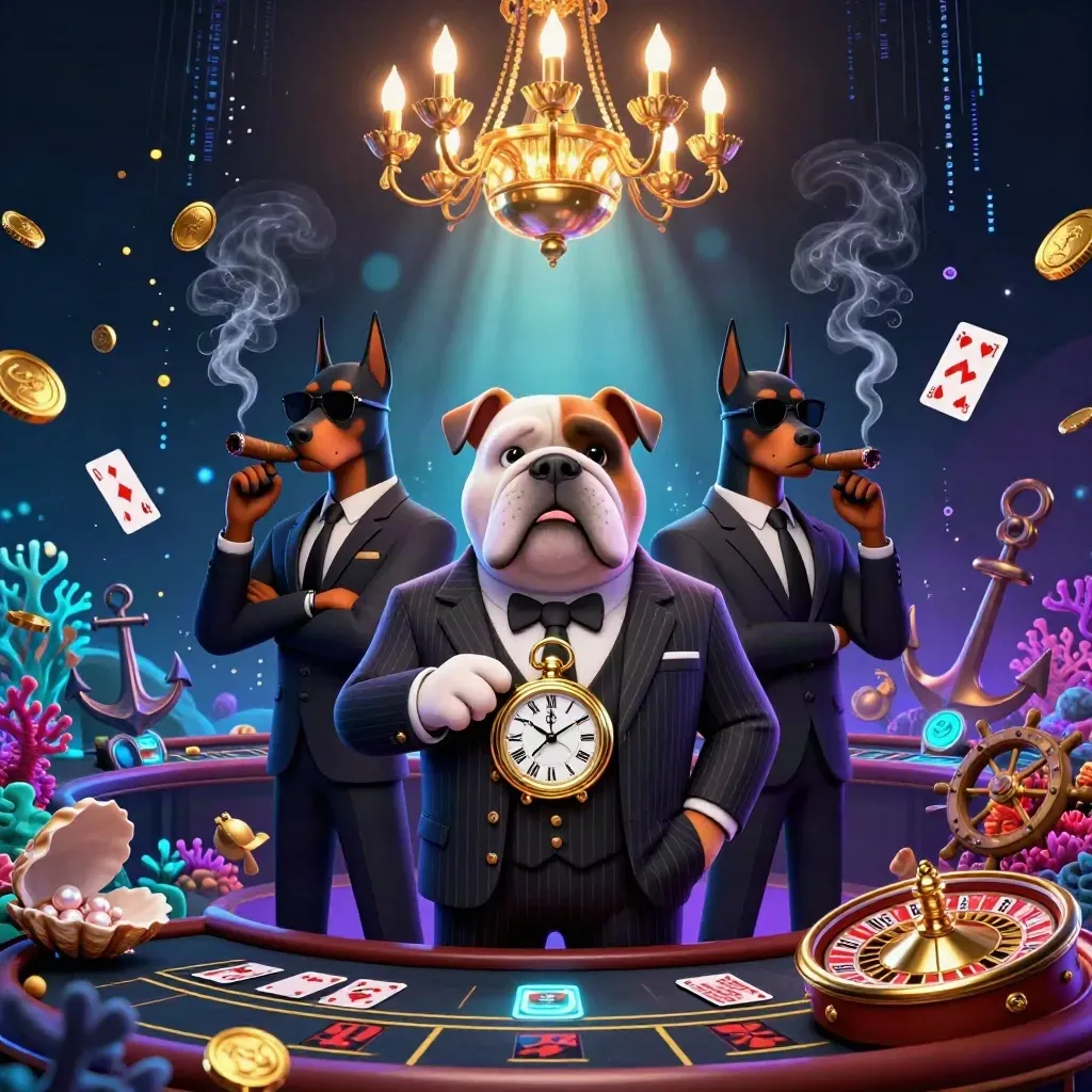 Bulldog boss with Dobermans in a neon casino-treasure cove of gold, coral, and electric light