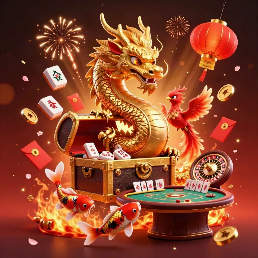 Golden dragon with phoenix and koi amid casino luxuries, embers, coins, and glowing cards