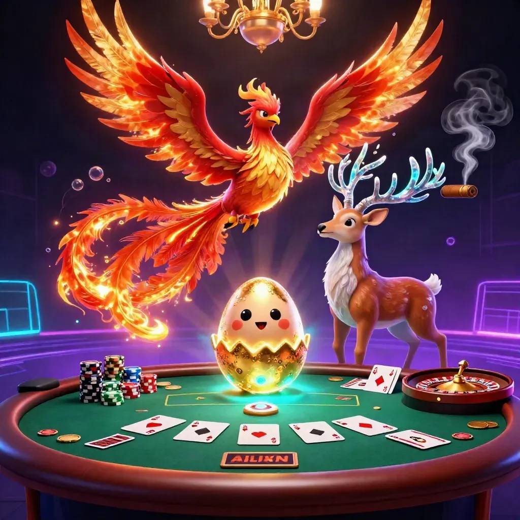 Fire phoenix, baby phoenix, and crystal-antler stag in a neon casino fantasy with cards and chips.