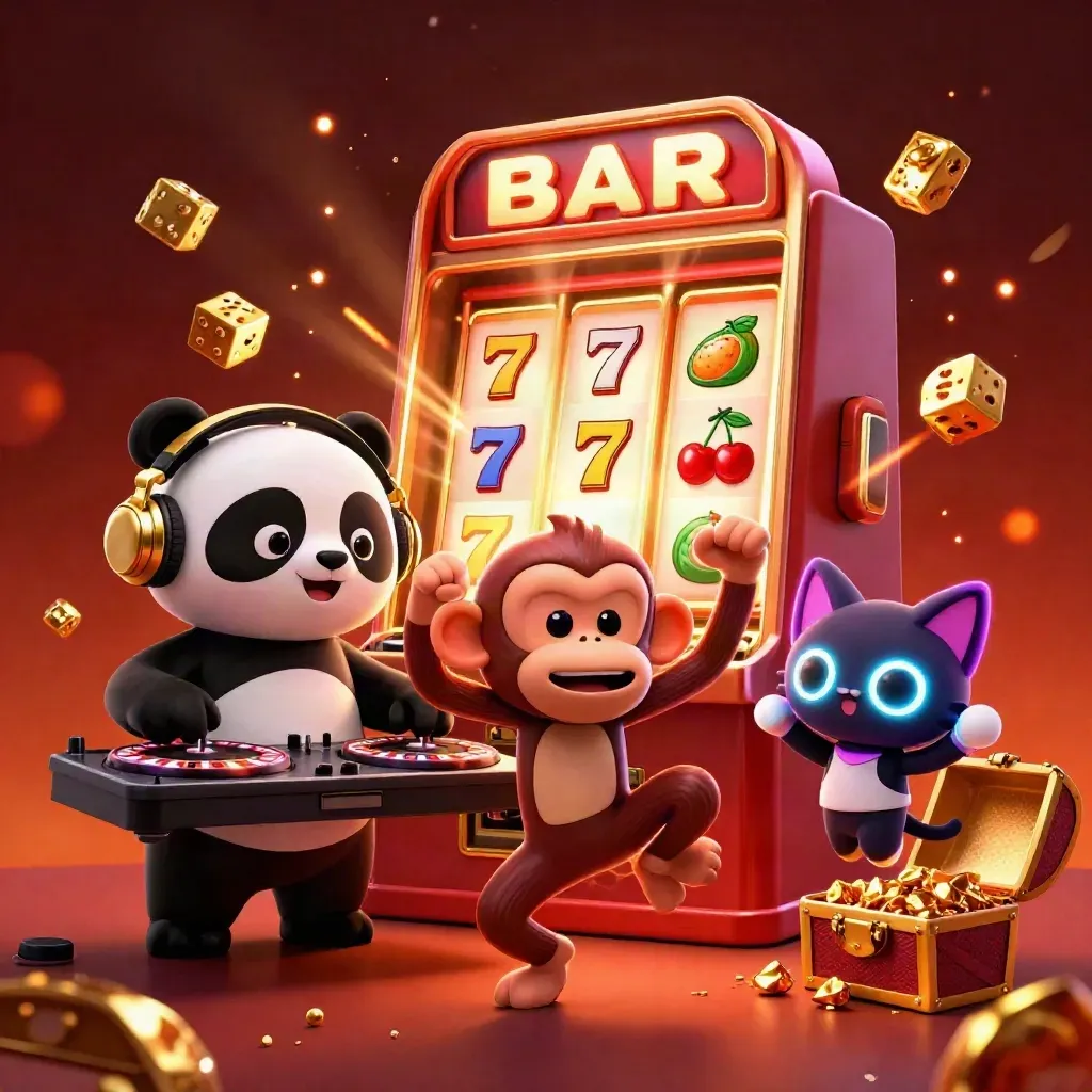 DJ panda, breakdancing monkey, and glow-stick kitten in a gold casino burst with embers.
