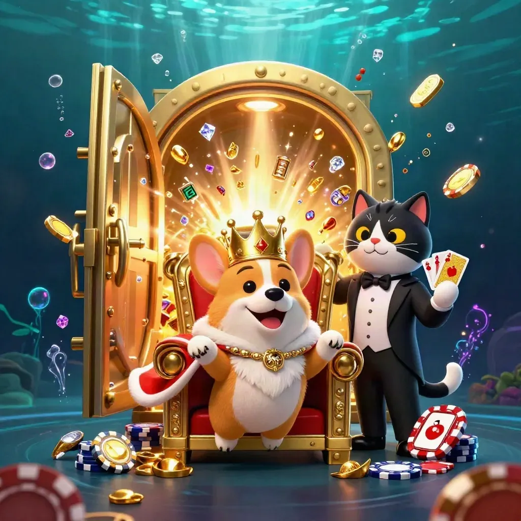Royal corgi and cat butler amid a vault blast, gold, gems, and neon underwater glow.