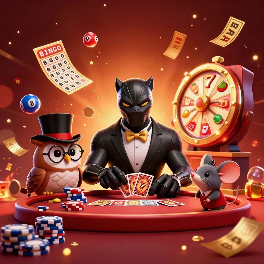 Black panther, owl and mouse casino heroes with chips, cards, reels, and glowing gold effects