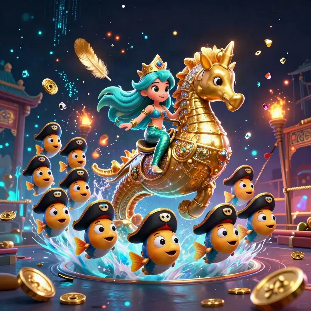 Mermaid princess on armored seahorse with pirate fish amid gold, temple gates, neon magic