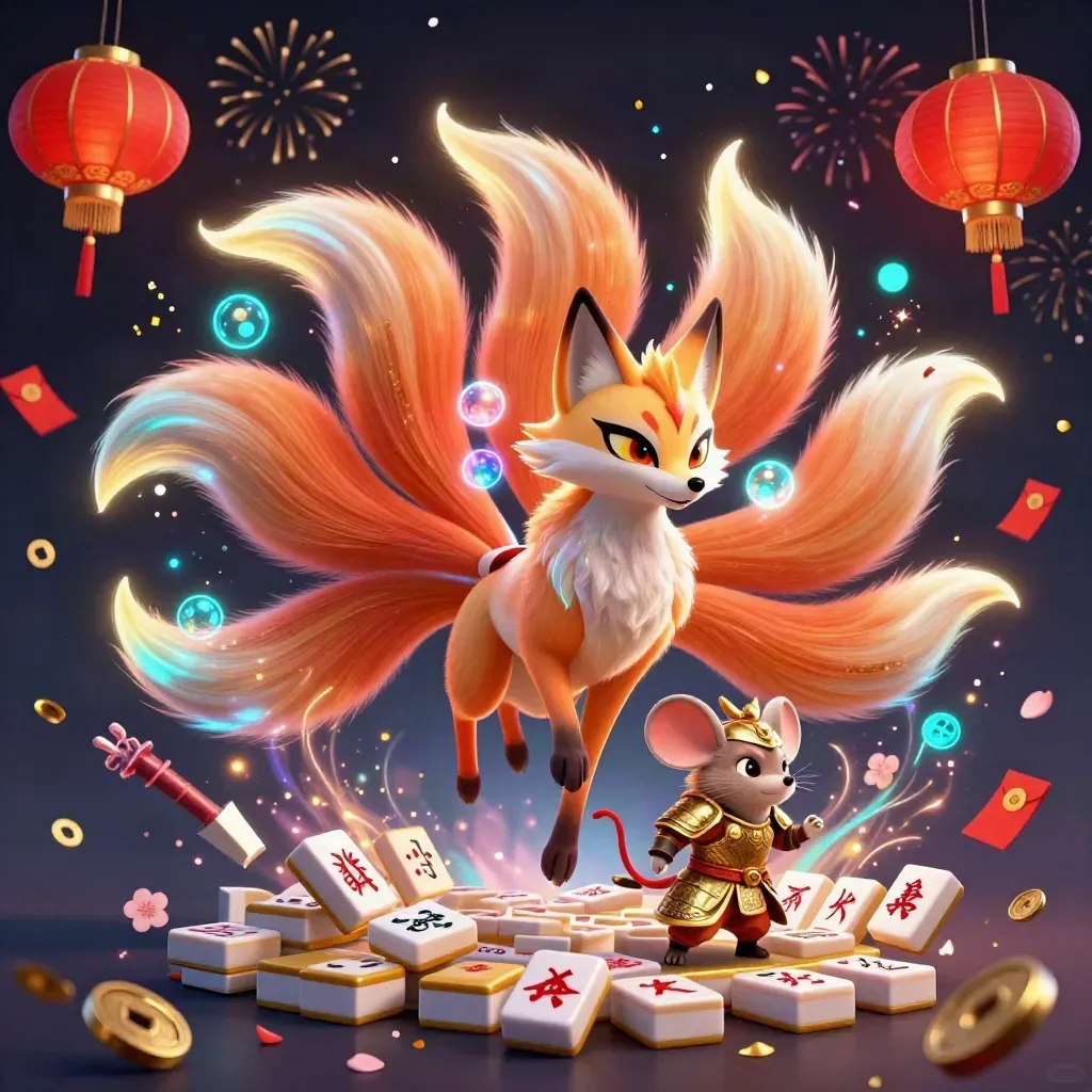 Fox spirit and samurai mouse amid lanterns, coins, petals, confetti, and glowing magic.