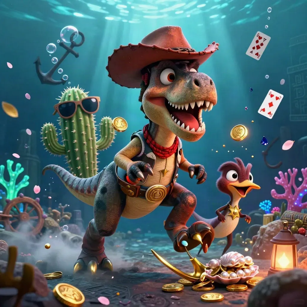 Cowboy T-Rex, cactus sidekick, and sheriff roadrunner raid a glowing underwater treasure cove.
