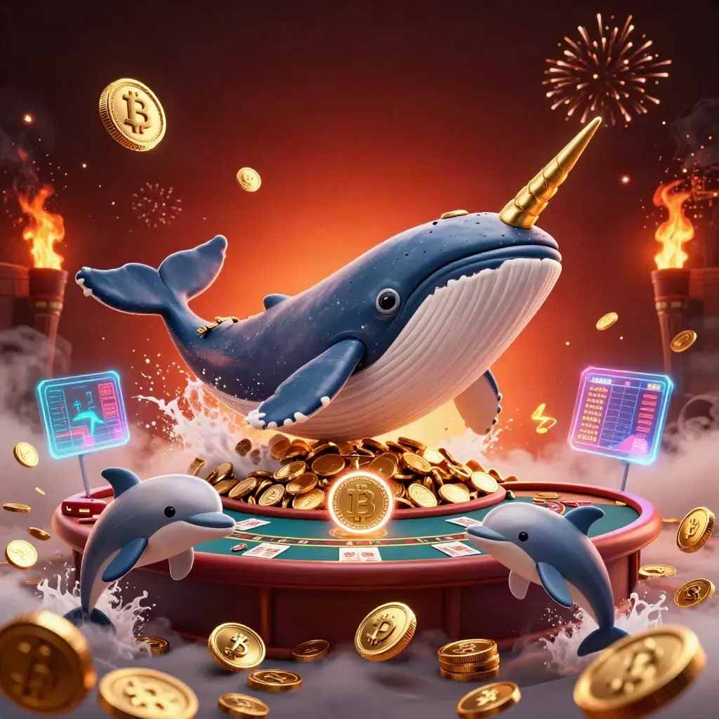 Whale captain, narwhal, and dolphins burst from coins amid casino riches, sparks, and neon crypto.