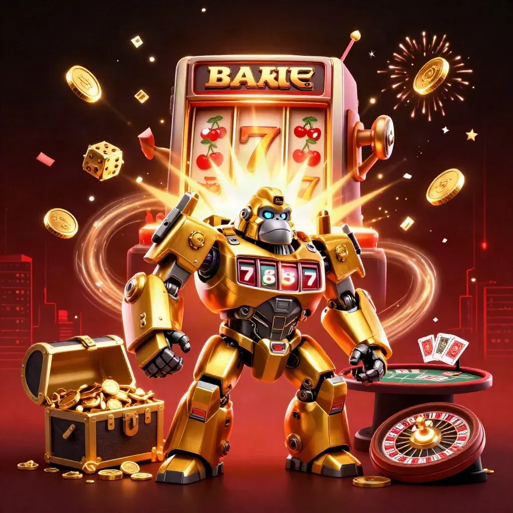 Golden gorilla mech, tiny monkey pilot, slot burst, coins, dice, roulette, cards, fireworks