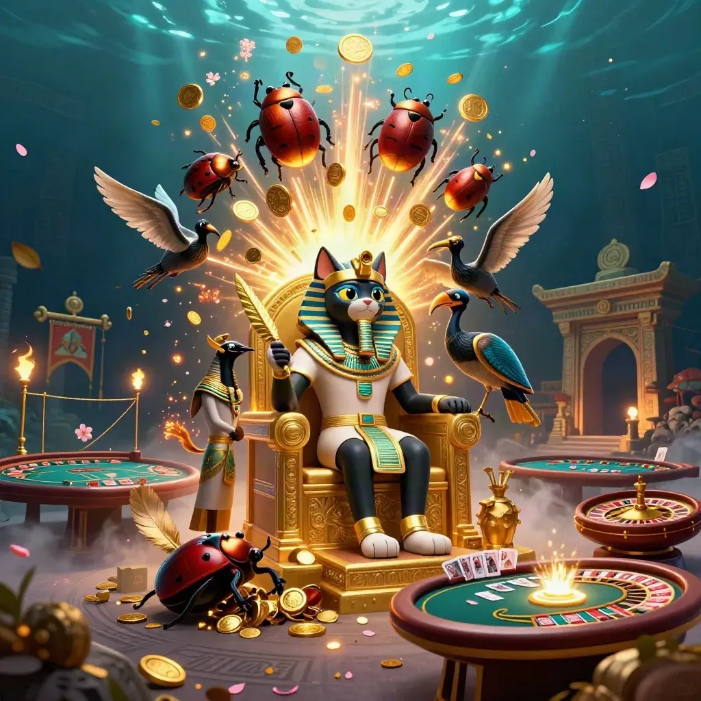 Pharaoh cat, ibis scribe, and gem-winged scarabs amid vault coins, temple gate, and casino glow.