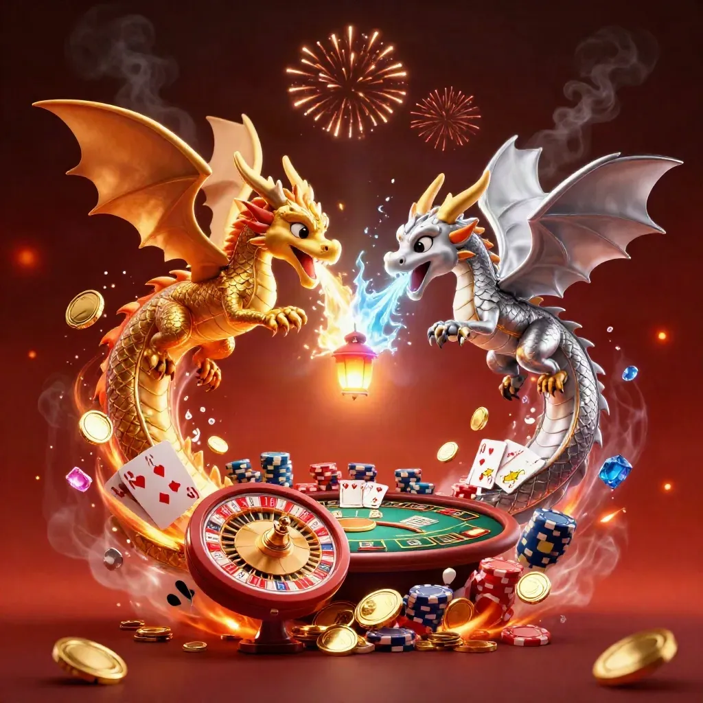 Twin gold and silver dragons burst through coins, chips, cards, and fireworks in luxe casino art.