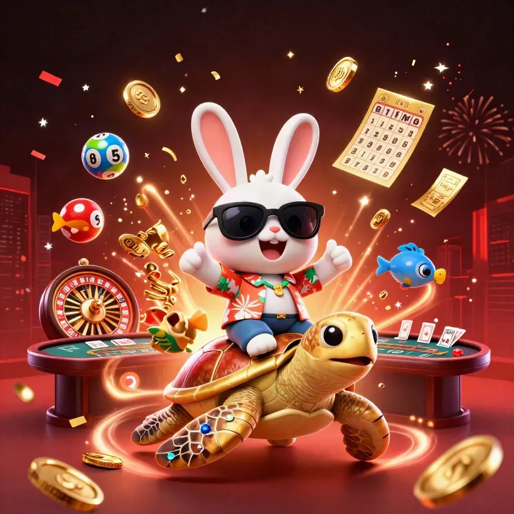 Lucky rabbit rides a jeweled sea turtle amid coins, fireworks, and casino prizes.