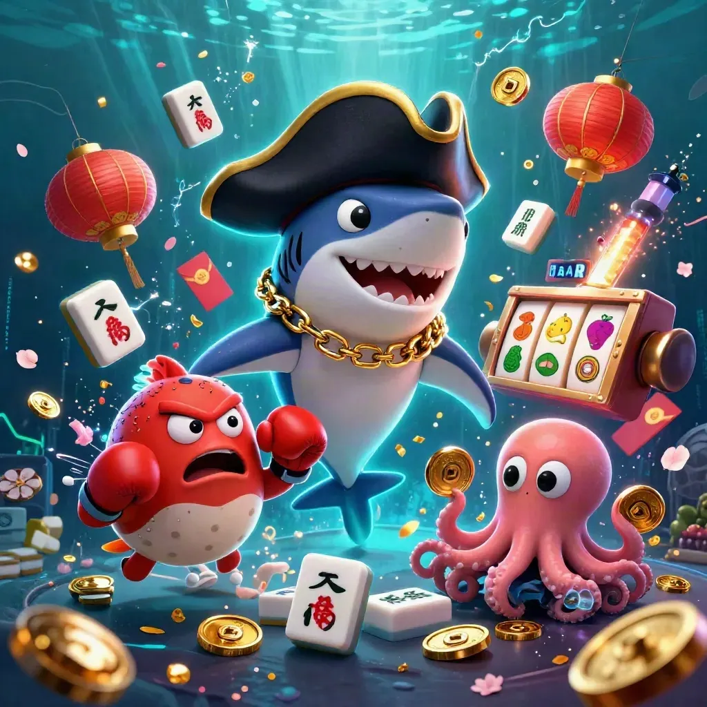 Pirate shark, boxing pufferfish, and coin-juggling octopus amid casino symbols underwater.