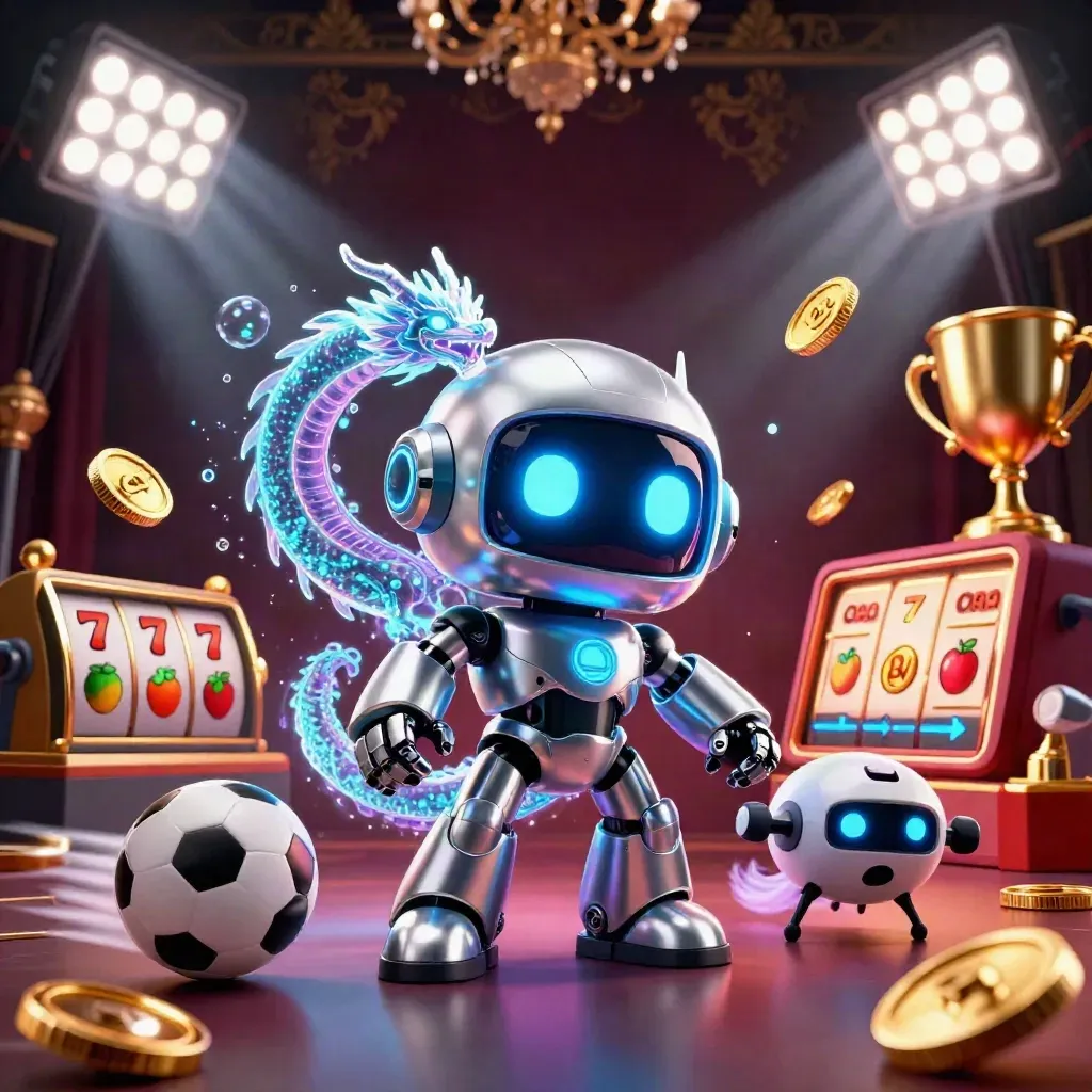 Cyberpunk robot, holographic dragon, and coin drone amid casino loot, neon beams, and slot symbols.