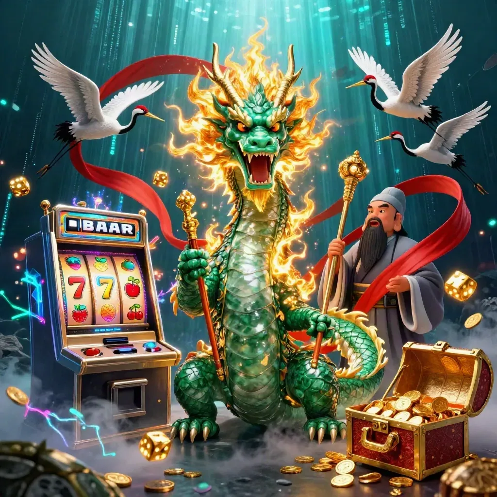 Emerald dragon, turtle sage, and cranes amid slot burst, gold fire, and underwater neon glow.