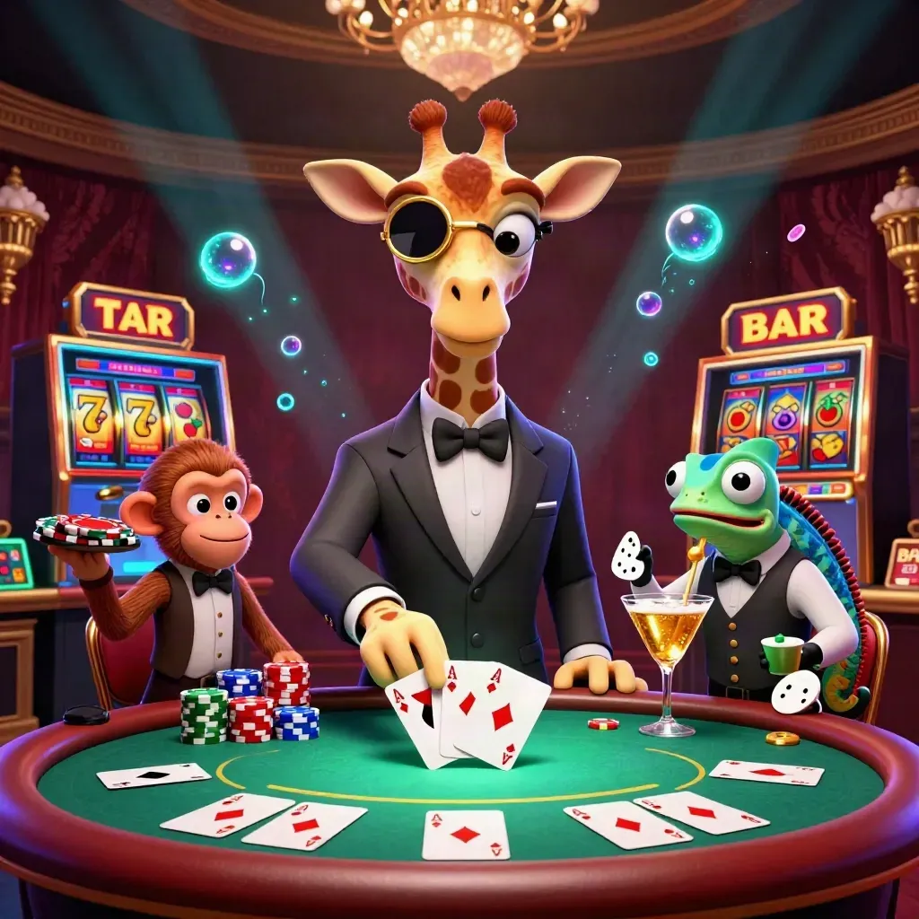 Giraffe high roller with valet monkey and chameleon bartender over a glowing poker table