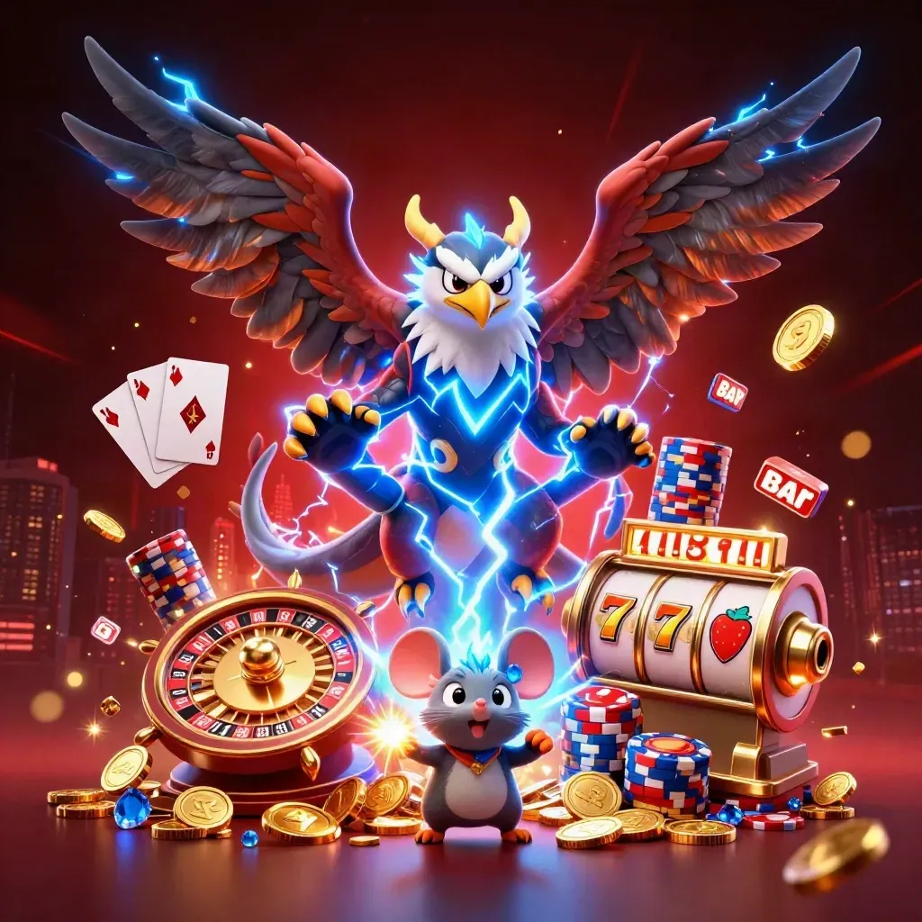 Thunder dragon, wind hawk, and static mouse amid casino reels, coins, chips, and glowing lights.