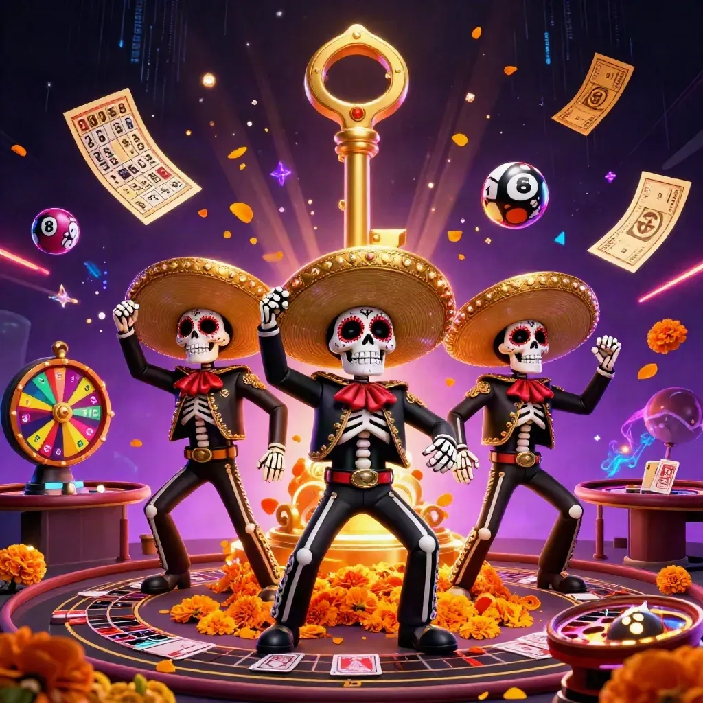 Day-of-the-Dead mariachi skeleton trio amid gold casino props, neon energy, and a gilded key