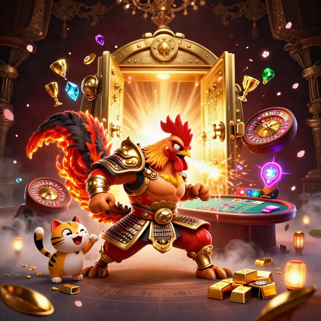Rooster warrior, spark-breathing dragon and fortune cat amid casino gold and vault glow.